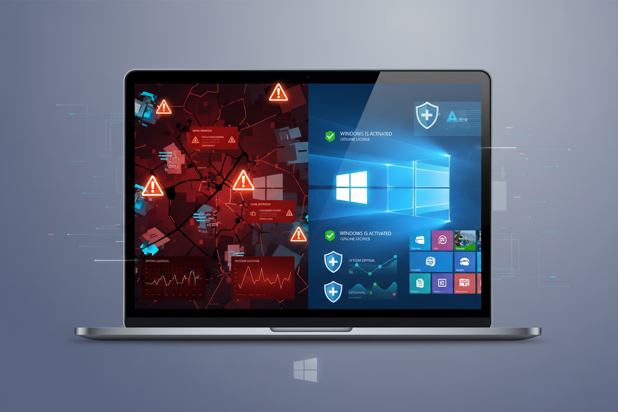 Ilustrație care compară o activare Windows nesigură cu o activare sigură și stabilă a sistemului de operare