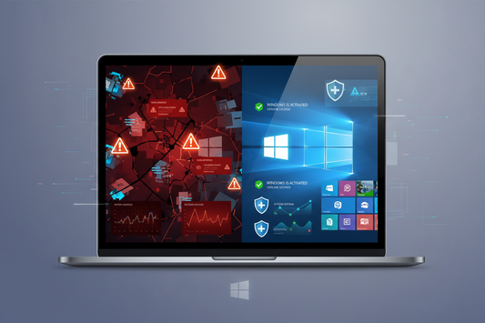 Ilustrație care compară o activare Windows nesigură cu o activare sigură și stabilă a sistemului de operare