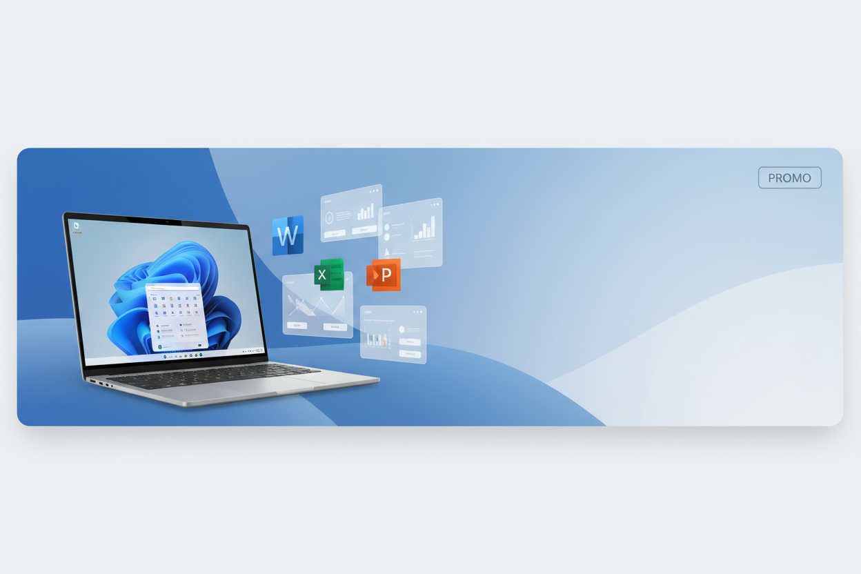 Wide horizontal hero banner in a clean Microsoft-inspired style. Laptop on the left displaying Windows 11. On the right, floating Office-style app elements representing Office 2021. Smooth blue gradients, modern and minimal design. Include a small, subtle “PROMO” label. No pricing, no logos, no extra text. Leave clear space for text overlay. High resolution.